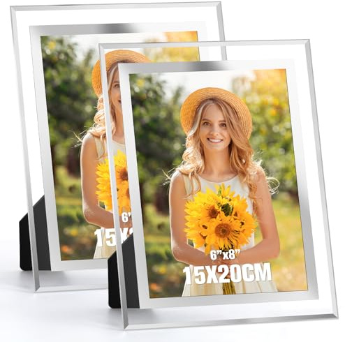 Acrrynii Set de 2 Marcos de Fotos 15x20 cm, Marco 20x15, Marco Fotos de Vidrio para la Mesa, Portafotos de Cristal con el Borde Plateado para Habitación, Salón, Oficina, Horizontal o Vertical