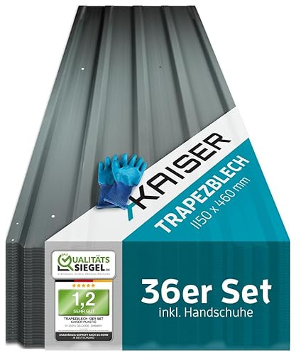 KAISER Lot de 36 plaques de toit trapézoïdales - Tôle profilée 115 x 46 cm (19,04 m²) anthracite - Plaques de toit galvanisées en métal et tôle d'acier - Pour abri de voiture, toit, garage, abri à