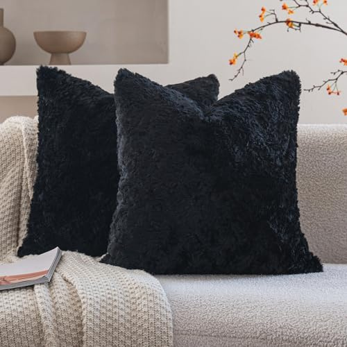 Neelvin pack of 2 Double-Sided Faux Fur Cushion Covers 45x45cm Black Thick Plush Sheepskin Cozy Soft Decorative Throw Pillow Covers 18x18 inch Pillowcase Cushion Case for Sofa Couch
