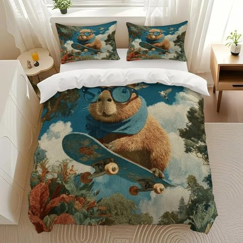 Cisdanoty Skateboarding Beaver Bedding Comforter Sets Bedding Set 3 Pieces (1 Duvet Cover 2 Pillowcases) with Zipper Closure Lightweight