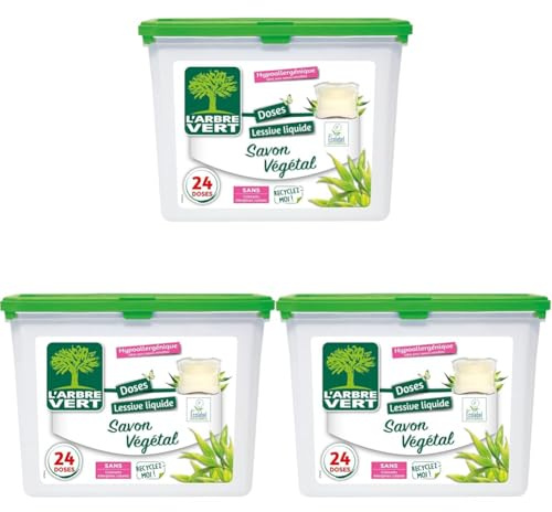 L'Arbre Vert Doses Lessive Liquide Ecolabel Savon Végétal - Hypoallergénique - 24 Doses (Lot de 3)