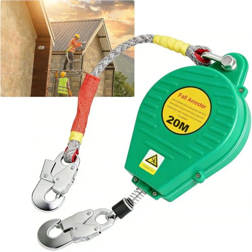 IELSH Höhensicherungsgerät Absturzsicherung 3m/5m/7m/10m/15m/20m (20m) | 150KG Absturzsicherung Dachdecker mit Selbstsicherndem Haken, Grün/Gelb Absturzsicherung Einziehbar für Höhenoperationen