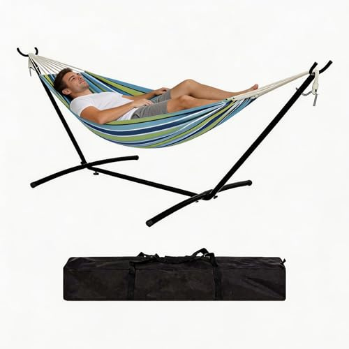Acekool Hängematte mit Gestell, Einzelperson, 200kg Belastbarkeit, XXL, Innen&Außen geeignet, Garten, Terrasse, Balkon und Pool, inkl. mit Tragetasche, Blau Grün gestreift.