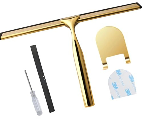 Shower Squeegee Gold, 10Inch Window Bathroom Squeegee | Metal Shower Screen Wiper with Hook, Window Scraper Cleaner for Shower Glass Door