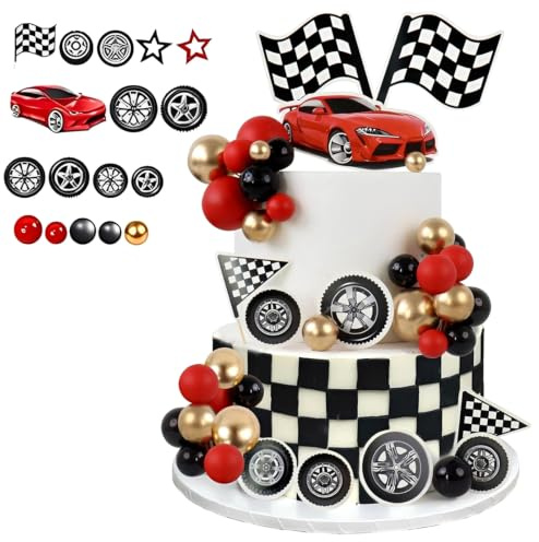 17-Piece Set Cake Topper, Lightning Mcqueen Birthday Decorations, Toppers Ball Cake Topper Grid Flag Tire Birthday Cake Decoration Baby Shower Party Racing Theme Decoration Supplies