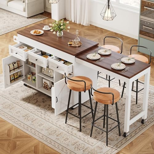 Huayz Isla de cocina independiente con encimera, mesa de comedor extensible a 360°, 2 puertas y 3 cajones, carro de cocina móvil, para cocina, comedor, 131,5-210 x 40 x 90 cm