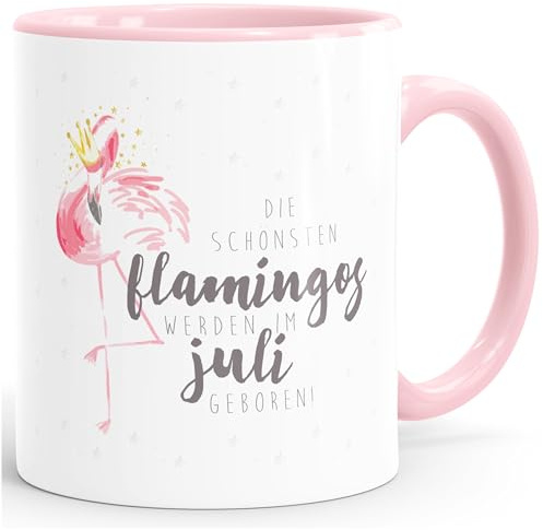 MoonWorks Geburtstags-Tasse Flamingo Krone die schönsten Flamingos werden im Juli geboren Geschenk-Tasse farbiger Henkel Rosa unisize