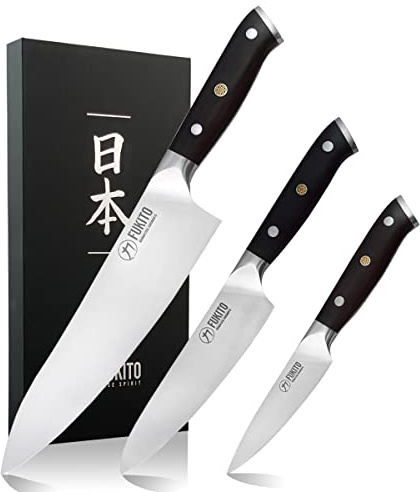 Fukito Ebène X50 - Coffret 3 Couteaux de Cuisine Design Japonais Chef + Universel + Office, Lames Acier Inoxydable Carbone, Manches Bois d'Ebène - Pour Chef Professionnels & Particuliers