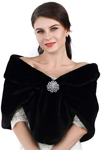 Unicra Écharpes et châles en fausse fourrure brune pour femmes - Faux fourrure de renard pour mariage - Étole en fausse fourrure pour mariée et demoiselles d'honneur, Noir , Taille Unique
