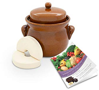 KERAZO Gärtopf 2 Liter aus Steinzeug Keramik inklusive Deckel + Stein + Anleitung [Form 2] BRAUN - Gurkentopf Einlegetopf Rumtopf Fermentation