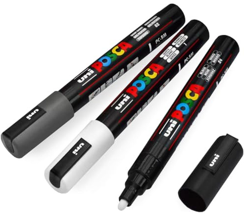 Posca Uni-Ball PC-5M färgmarkör konstpennor – 1,8–2,5 mm – svart, vit, djupgrå – 3-pack