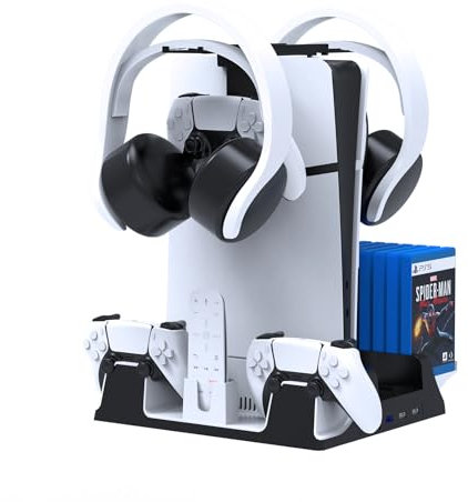 JOYTORN Vertical Stand for Playstation 5/PS5 Slim,PS5 Dual Controller Charger Station with Cooling Fan and Headset Hooker,14 Game Rack Storage, Media Remote Organizer