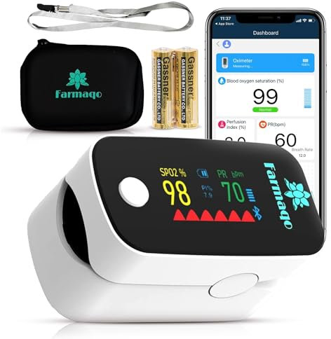 Finger Pulse Oximeter with Bluetooth – Blood Oxygen Monitor for SpO2 and Heart Rate, OLED Display, Free App, and Accessories Included