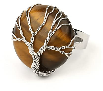 24 JOYAS Anello Occhio di Tigre Pietra Naturale Lucidata Regolabile avvolto in filo argentato a forma di albero della vita - Bella Alleanza romantica ed elegante da donna, Metallo, Quarzo