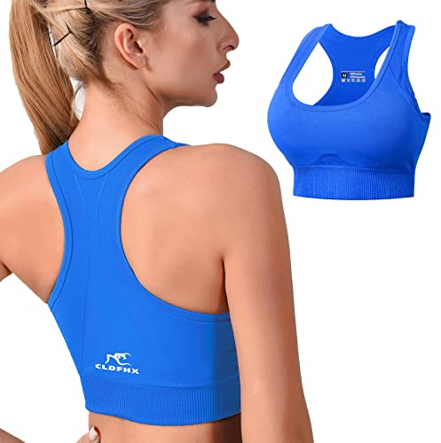 CLDFHX Women Sports Bra High Impact Support Comfort Seamless Racerback Sports Bras with Removable Pads for Exercise Yoga Workout Gym Running Fitness, Blue/S