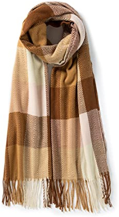 Villand Bufanda de lana para mujer - Bufandas de cuadros de invierno con tacto de cachemira para mujer con caja de regalo (Cuadros Camello)