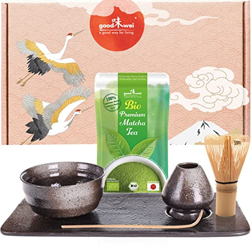 Goodwei Ensemble à Thé Matcha pour cérémonie du thé japonaise – Bol à matcha, porte-balai et plateau à thé au design assorti avec véritable matcha BIO du Japon (Goma)