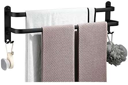 Biutimarden Porte-Serviettes 40CM Auto-adhésif, Autocollant 2 Niveaux Échelle Mural Porte-Serviettes Antirouille Aluminium avec 2 Crochets Porte-Serviette pour Salle de Bain(Noir)