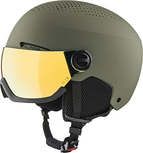 ALPINA ARBER Visor Q-LITE - hochwertiger & sicherer Skihelm für Erwachsene, mit waschbarem Innenfutter, mit kontrastverstärkendem Visier - Olive matt - L (58-62 cm)
