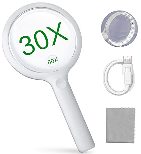 Lupe mit Licht - Leselupe mit Licht für Senioren Groß 3 Lichtmodi USB Wiederaufladbar Beleuchtete Lupe mit 20 LEDs Leichtgewicht Vergrößerungsglas mit Brillenputztuch HandLupe für Sehschwäche (Weiß)