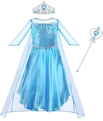 Vicloon Kostüm Kinder Mädchen, 3 Stück Kleid Kinders Set mit Krone, Diadem, Zauberstab, für Halloween, Weihnachten, Geburtstag Party, Kostüms Mädchen, Blau