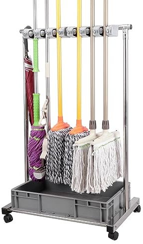 ZAQYCM Floor Tool Storage Cart on Wheels, Broom and Shovel Holder for Garage, Outdoor Corner Garden Tool Organizer with Plastic Tray, Stand Up Mop Hanger for School (Size : 6 Pole Clip)