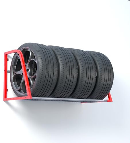 DPLXFPP Wandregal Für Autoreifen, Reifenregal Rollendes Reifenlagerregal Mit 4 Rädern, Garagenreifenregal Für Heimwerkstatt, Rot + Silber, 127 × 60 cm/ 50 × 23,6 Zoll,Wallstyle