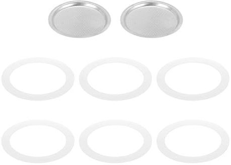 QUARKZMAN Pièces de Rechange pour Cafetière Italienne en Aluminium Avec 1 Filtre et 6 Joints D'Étanchéité en Silicone 74x64x4.5mm pour Cafetière Moka 9 Tasses (Argent)