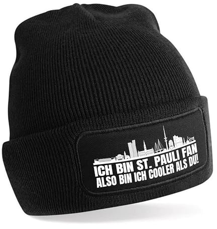 Beanie Strickmütze mit Spruch | Ich bin St. Pauli Fan also bin ich cooler als du! | Farbwahl | weiche und warme Fußball Mütze für Hamburg Fan | Skyline | SoftTouch Einheitsgröße für Erwachsene