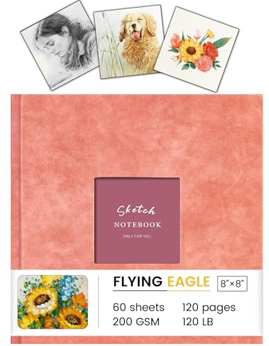 FLYING EAGLE Sketchbook for Drawing 8 x 8 Hardcover Sketch Book, 200GSM Thick Paper, Square Art Drawing Book with 3 DIY Cards Mixed Media Watercolor Paper Gift for Women Adults Artist, Pink