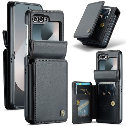 UFinetech Fodral för Samsung Galaxy Z Flip 6 2024, lyxig läderplånbok, kickstand, korthållare, kameraskärmskydd, smal, hållbar, stötsäker hårt skydd, repfri stötfångare för män kvinnor, svart