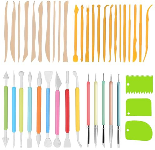 40 Stück Töpferwerkzeug Modellier Werkzeug Set Ton Keramik Modellier Clay Modelling Tools Polymer Clay Sculpting Wooden Clay Tools für Keramik,Töpferhandwerk,Punktieren,Schnitzen,Zeichnen,Formen
