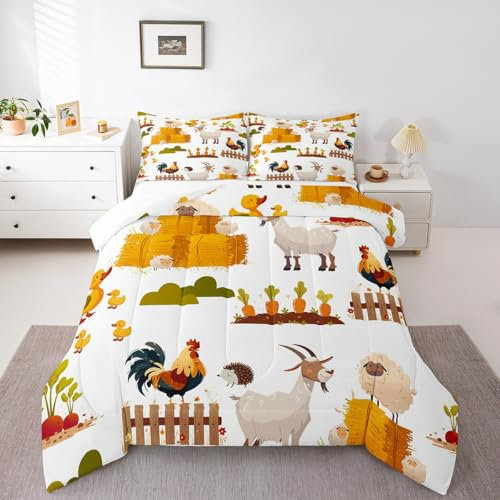 Parure de lit 3 pièces avec couette piquée et 2 taies d'oreiller pour enfants, garçons et filles, adolescents – Motif animaux de dessin animé – Style rustique – Poulet, chèvre, mouton, canard – Lit