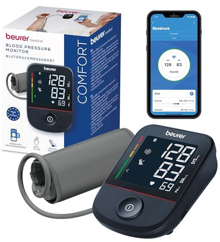Beurer BM 48 Oberarm Blutdruckmessgerät, einfache Bedienung mit nur einem Knopf, sanfte und schnelle Messung, Arrhythmie-Erkennung, großes Display, mit App-Anbindung, Manschette für 22-42 cm
