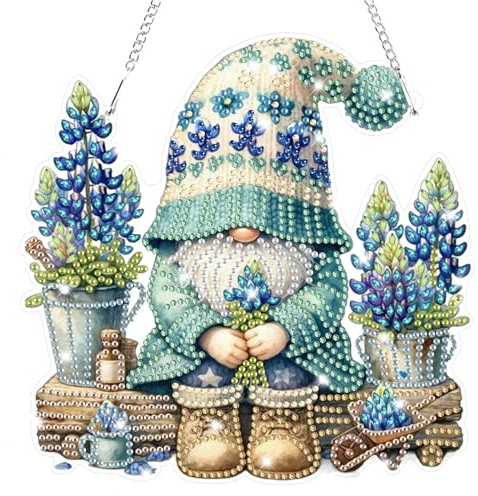 Lxmsja 5D Diamond Painting Anhänger Gnome, Blumen Diamond Painting Fensterbilder Beidseitig für Erwachsene Kinder, Bastelset Kreativ Set, Hängend Ornament Kranz Tür Fenster Wand Eingang Decor