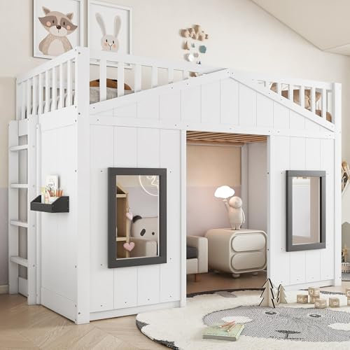 Kinderbett Etagenbett 90x200 cm, Hochbett Hausbett mit Treppe & Fenster & Aufbewahrungsbox, Holzbett Spielbett Bettgestell Funktionsbett mit Lattenrost & Rausfallschutz, Kiefer+MDF, Ohne Matratze,Weiß
