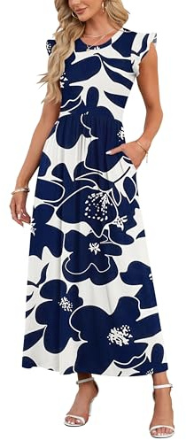 AUSELILY Vestido Largo para Mujeres Vestido de Manga Corta con Pétalos en Volantes Vestido Elástico Casual con Bolsillo Falda de Playa Flores Azules Navy L