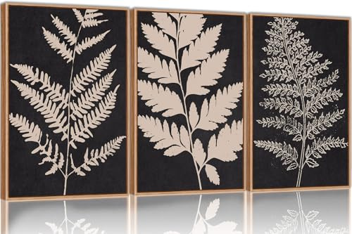 SIKERIC Vintage Black Tan Fern Leaf Wall Art, Nature Minimalis Leaves Framed Canvas Art Print Set of 3, Modern Fern Silhouette Wall Decor, Large Plant Artwork for Living Room, Bedroom, Office-24x36