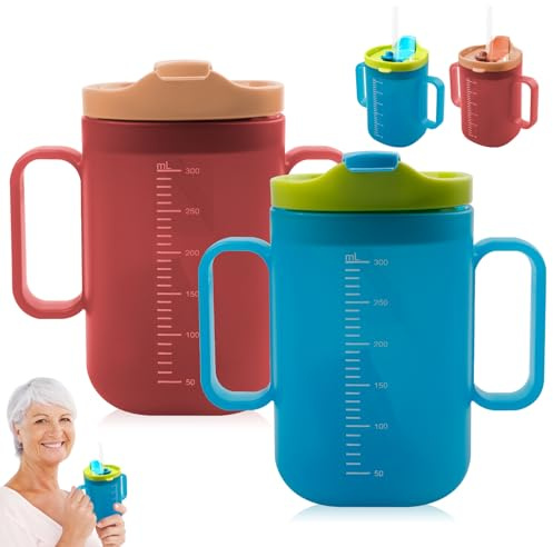 Schnabeltasse Senioren, 2 Stück 300 ml Auslaufsichere Becher für ältere Menschen, Trinkbecher Mit Deckel Und Strohhalm Senioren, Schnabelbecher Senioren mit Griffen für Patienten, ältere, Behinderte