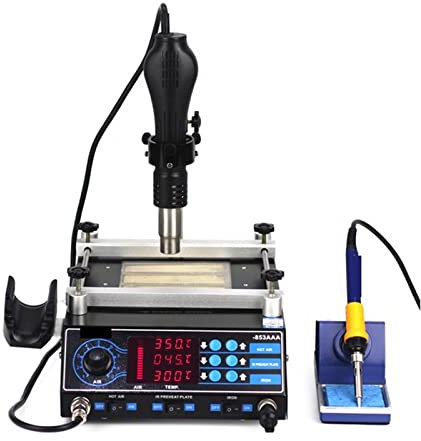Soudeuse par Point, 853AAA 3 In1 Rework Station de soudage Soudeuse Machine 650W Pistolet à air chaud + 60W Fers à souder + 500W Station de préchauffage Outils de soudage