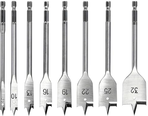 8Pcs Spade Drill Bit Set, 1/4 inch Quick Change Hex Shank, 6-32 mm Carbon Steel Heavy Duty Flat Wood Drill Bit Set, Woodworking Drilling Flat Bits Blades Kit
