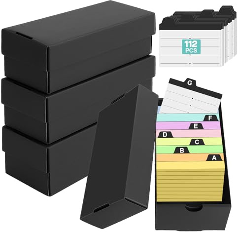4Pcs Caja para Flashcards A8 con 112 Fichas A Rayas, para Tarjetas Estudio 52 x 74mm, Capacidad 980 Fichas, Caja de Aprendizaje Negra para Notas Recetas, Organización en Escuela y Oficina