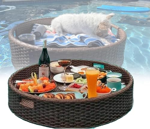 Plateau Flottant De Luxe pour La Piscine, Plateau De Service en Rotin Tissé, Plateau De Petit-déjeuner élégant sur L’Eau, Table De Billard De Bar De Luxe avec Poigné, Brown, 60cm