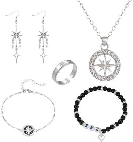 XFSRG 5 Stück SKZ Schmuckset Damen und Mädchen Glamour Achtzackiger Stern Anhänger Halskette Ohrringe Armband und Ring Set Geschenk für Frauen Männer