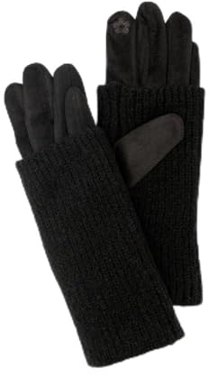 2-in-1 Faux Suede Gloves with Ribbed Knit Wrist Warmers, Black