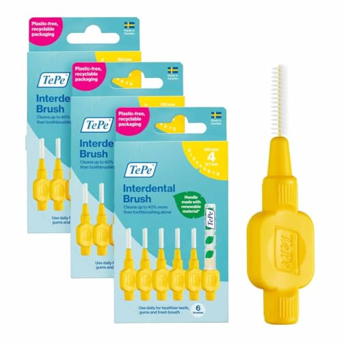 TePe Interdentalbürste, Original, Gelb, 0,7 mm/ISO 4, 6 Stk., Plaque-Entfernung, Effiziente Reinigung der Zahnzwischenräume, für Mittelgroße Lücken (Packung mit 3)