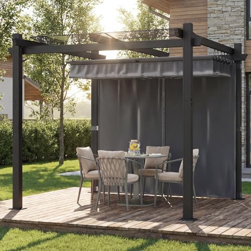 TRIUMPHKEY Pergola Pavillon 3x3m wasserdicht stabil Winterfest, Gartenpavillon Aluminium mit Schiebedach und Seitenwand, Sonnenschutz für Garten Terrasse & Balkon, Grau