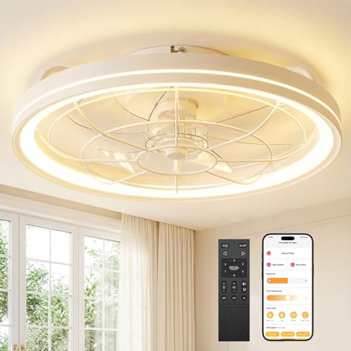 Deckenventilator mit Beleuchtung, Dimmbare Deckenleuchte mit Ventilator Leise, Ø48cm, 6 Stufen, 3000-6500K, Fernbedienung & App, Timer, Ceiling Fan Light für Schlafzimmer Wohnzimmer (Weiß)