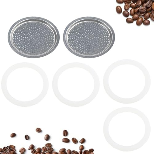 EaseSunny Moka - Juego de filtros y juntas para ollas, 2 filtros de acero inoxidable con 4 sellos de silicona para piezas de repuesto para cafetera espresso de 3/6/9 tazas