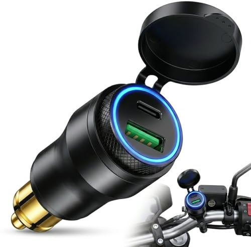 Cargador USB Moto Impermeable 30W QC 3.0 Dual 12V-24V con LED Azul | 30W PD + QC 3.0, Doble puerto USB, Diseño impermeable, LED azul integrado, Compatible con 12V-24V, Para motocicletas europeas